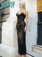 Lunivop Women Luxury Sexy Strapless Backless Mesh Sequins Black Maxi Long Gowns Dress Elegant